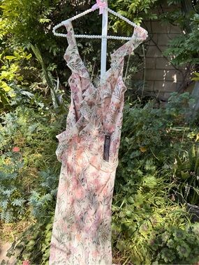 Pink Floral Ruffle Plunge Maxi Garden Party Dress